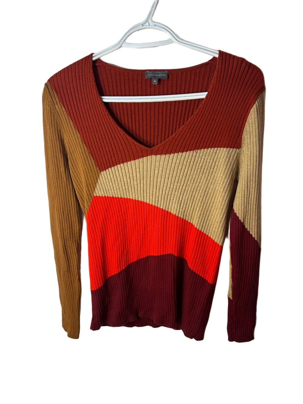 Vince Camuto Ribbed Knit Top in Burnt Orange Colour block size M
